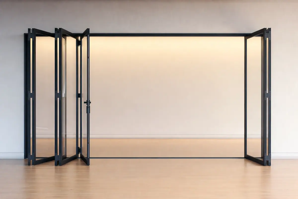 ประตูบานเฟี้ยมอลูมิเนียม (Folding Door) เปิดพับเก็บ 2 ข้าง ระบบยูโรโปรไฟล์ สีดำ กระจกใส WeWealthAlu